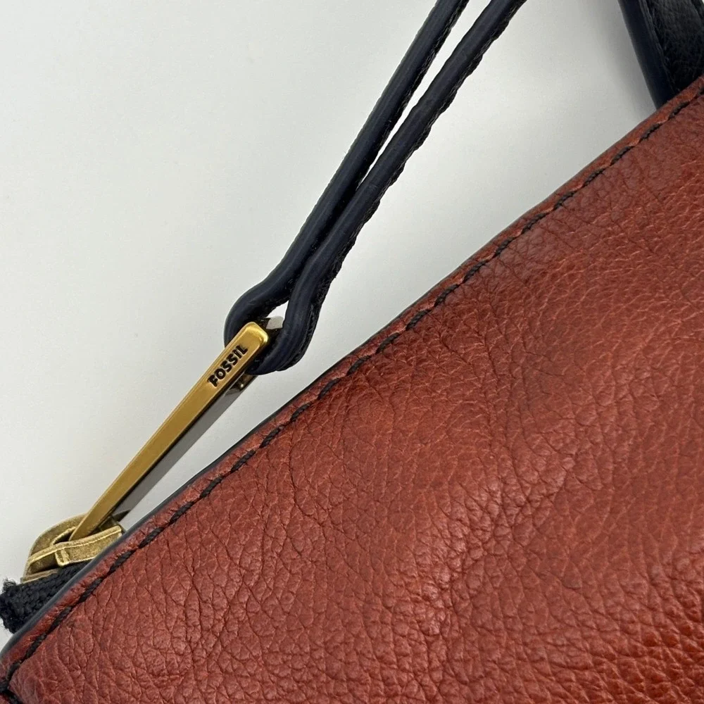 FOSSIL Satchel Brown Leather Handbag Bag‎ Black Suede Skylar RARE Brass Y2K